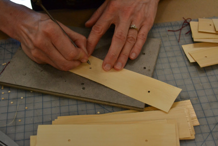 Inscribing palm leaf before inking the sheet, at the Mellon Sawyer palm-leaf manuscript workshop led by Jim Canary