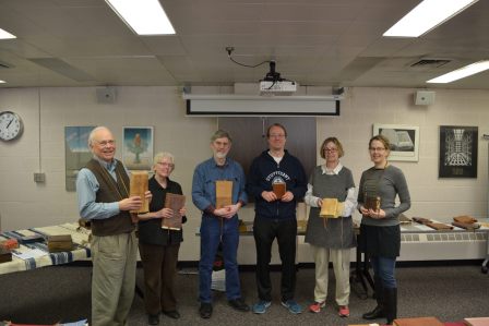 Mellon Sawyer organizers and lecturers display models of ancient Egyptian and Ethiopic books at the Mellon Sawyer bookbinding workshop (left to right: Gary Frost, Julia Miller, Tim Barrett, Paul Dilley, Katherine Tachau, Melissa Moreton)