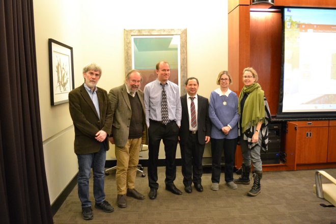 Mellon Sawyer organizers and visiting lecturers convene for lectures on ancient Chinese and Uygur manuscript culture (left to right: Tim Barrett, T.H. Barrett from SOAS, Paul Dilley, Uygur manuscripts expert Aburishid Yakup, Katherine Tachau, Melissa Moreton)